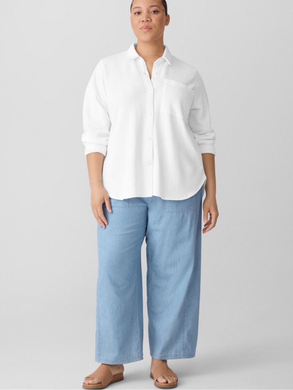 Eileen Fisher Lightweight Organic Cotton Terry Classic Collar Button Up Shirt